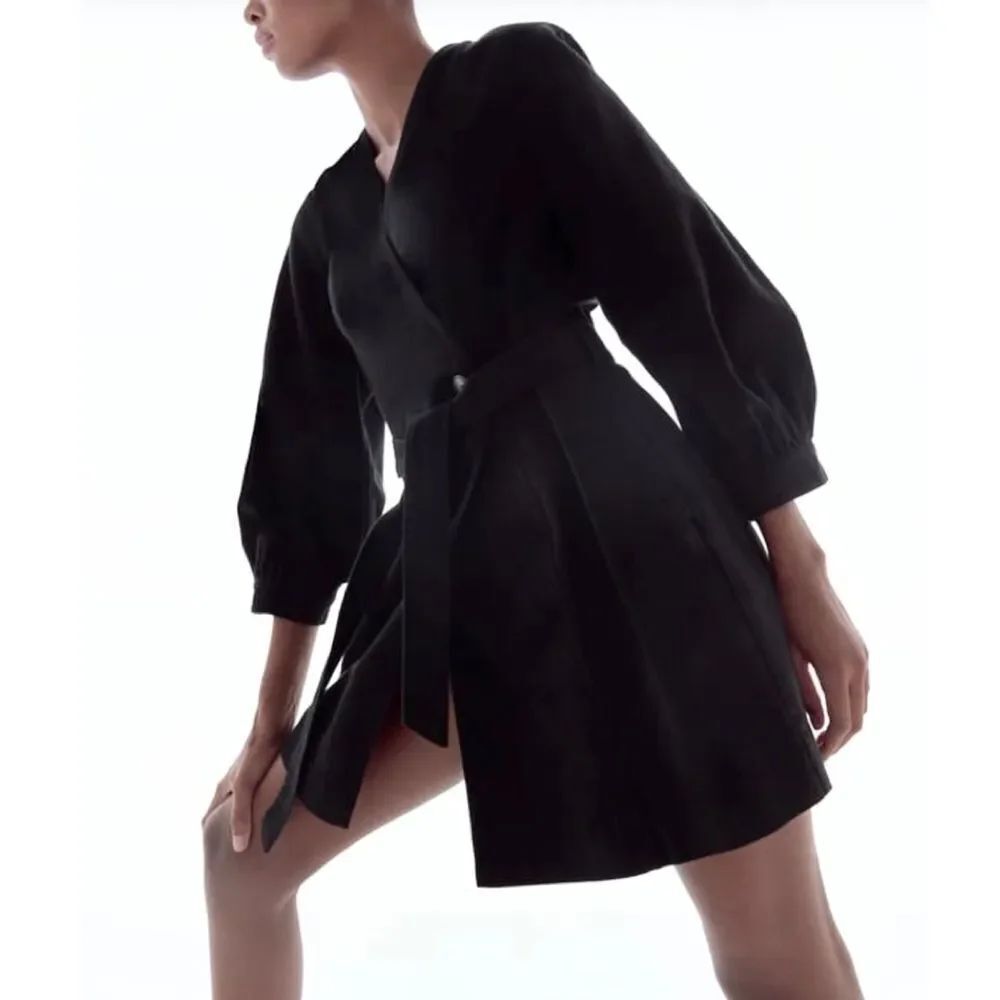 ZARA black full wrap 3/4 balloonsleeves cotton denim mini jacket belted dress S